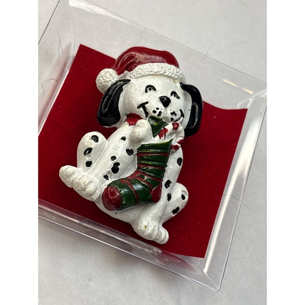 Dalmatian Christmas Pin Brooch With Santa Hat & Stocking Hand-Painted Festive De